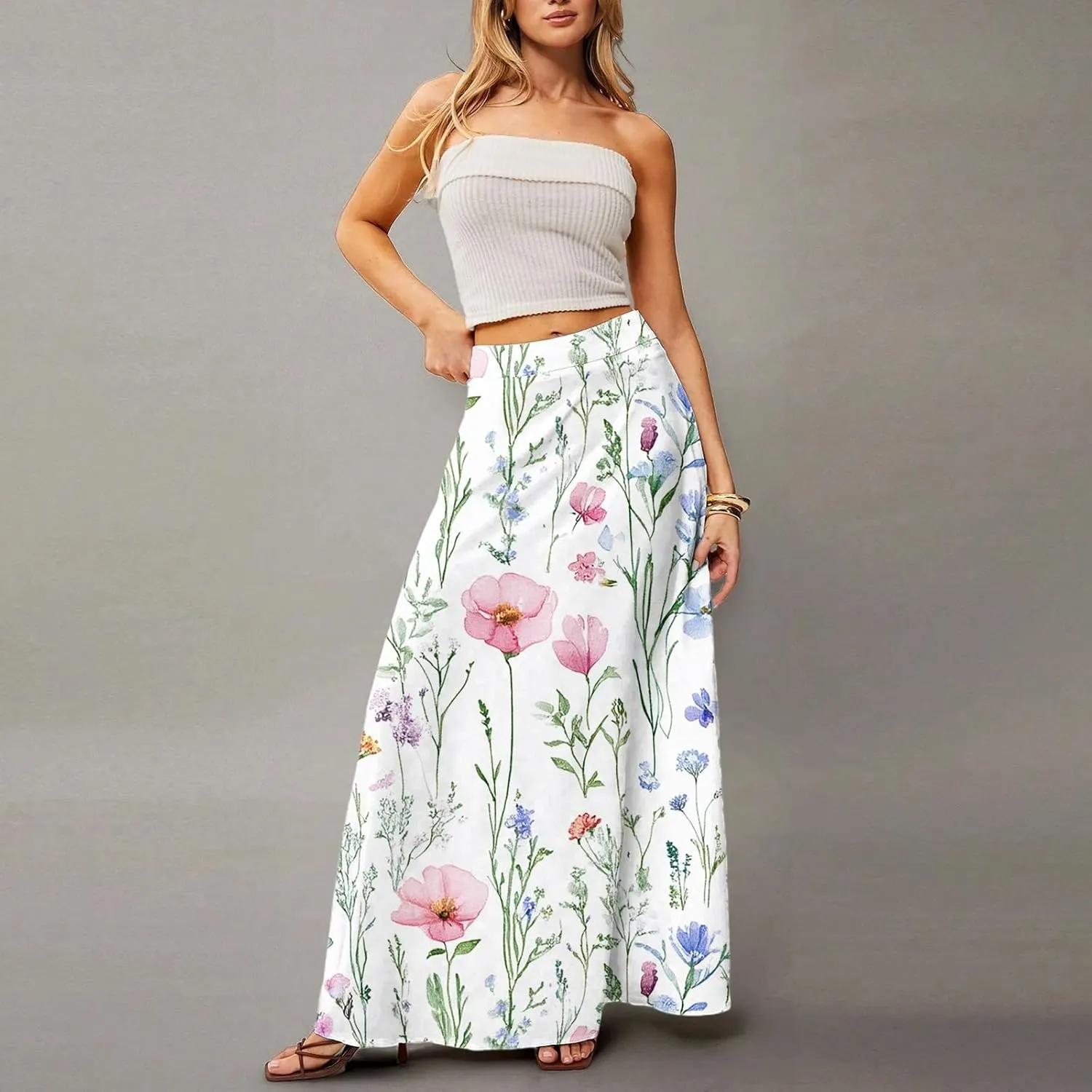 HAVUITYY Women's 2025 Bohemian Long Skirts Ditzy Floral Print Flowy High Waist A Line Summer Maxi Skirts for Women