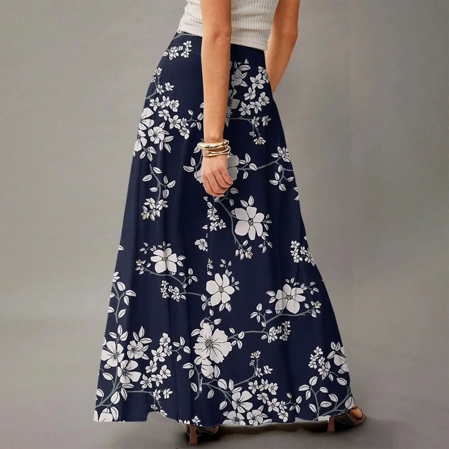 HAVUITYY Women's 2025 Bohemian Long Skirts Ditzy Floral Print Flowy High Waist A Line Summer Maxi Skirts for Women