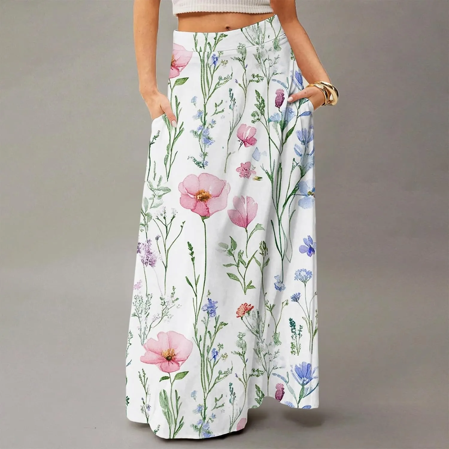 HAVUITYY Women's 2025 Bohemian Long Skirts Ditzy Floral Print Flowy High Waist A Line Summer Maxi Skirts for Women