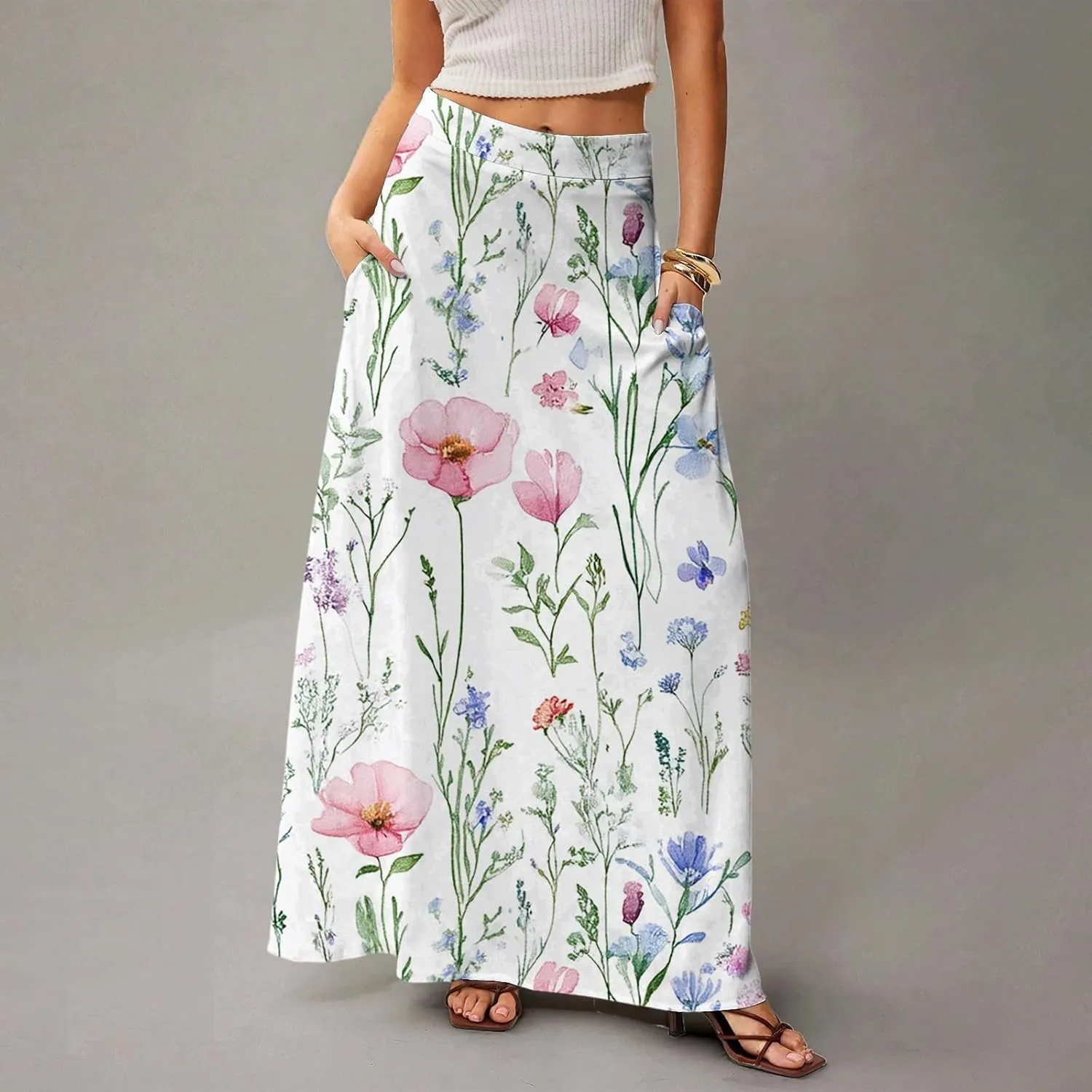 HAVUITYY Women's 2025 Bohemian Long Skirts Ditzy Floral Print Flowy High Waist A Line Summer Maxi Skirts for Women