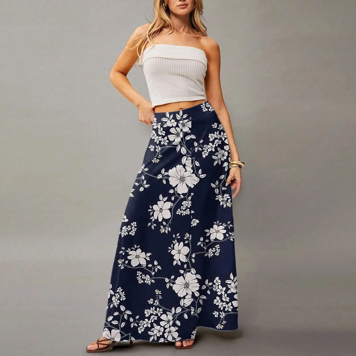 HAVUITYY Women's 2025 Bohemian Long Skirts Ditzy Floral Print Flowy High Waist A Line Summer Maxi Skirts for Women