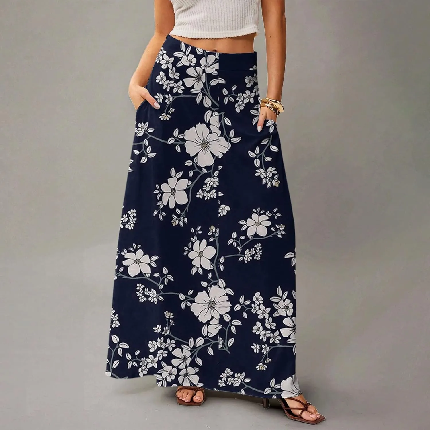 HAVUITYY Women's 2025 Bohemian Long Skirts Ditzy Floral Print Flowy High Waist A Line Summer Maxi Skirts for Women