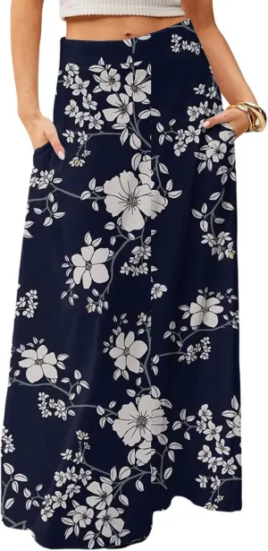 HAVUITYY Women's 2025 Bohemian Long Skirts Ditzy Floral Print Flowy High Waist A Line Summer Maxi Skirts for Women