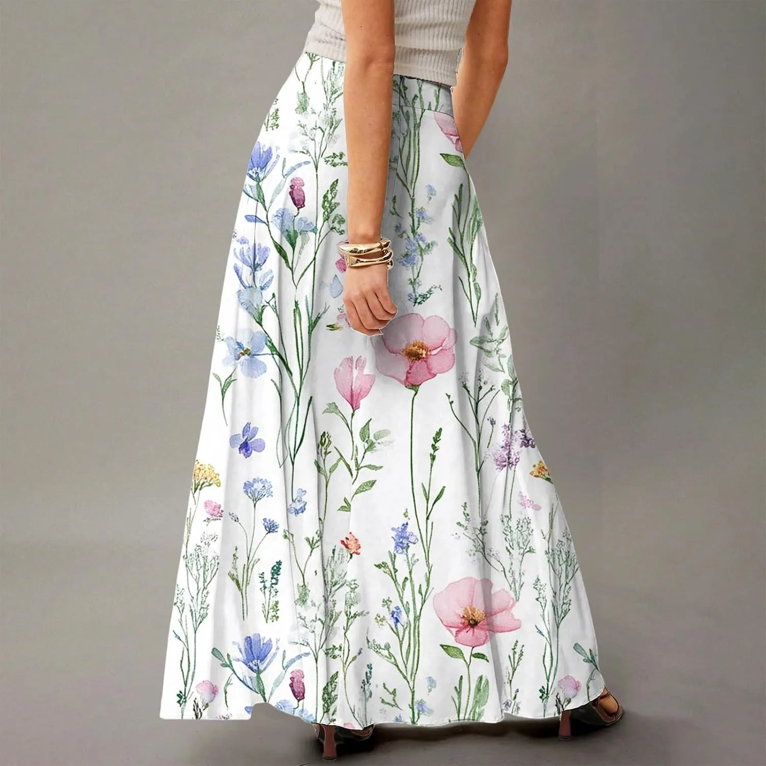 HAVUITYY Women's 2025 Bohemian Long Skirts Ditzy Floral Print Flowy High Waist A Line Summer Maxi Skirts for Women