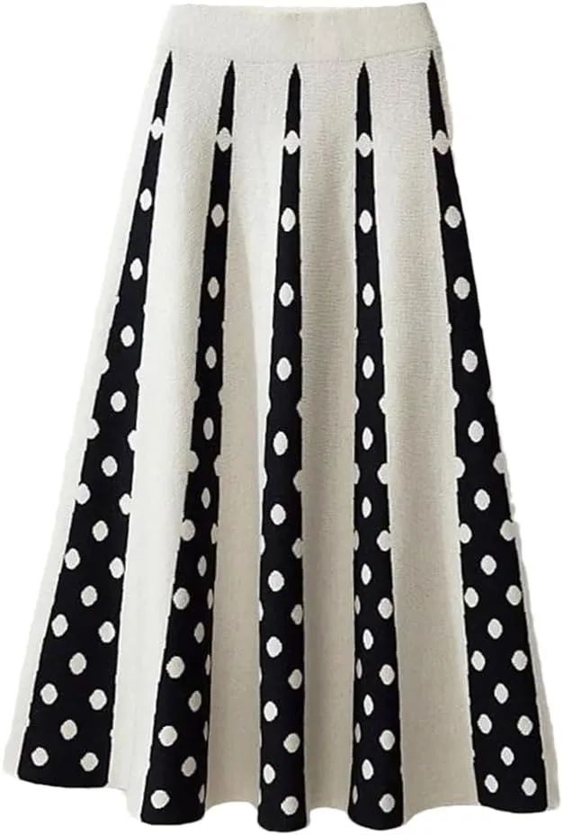 Hdhdeueh Women Polka Dot Knitted Midi Skirts A-Line Elegant Pleated Skirt