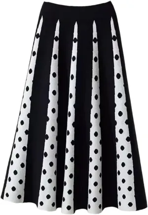 Hdhdeueh Women Polka Dot Knitted Midi Skirts A-Line Elegant Pleated Skirt