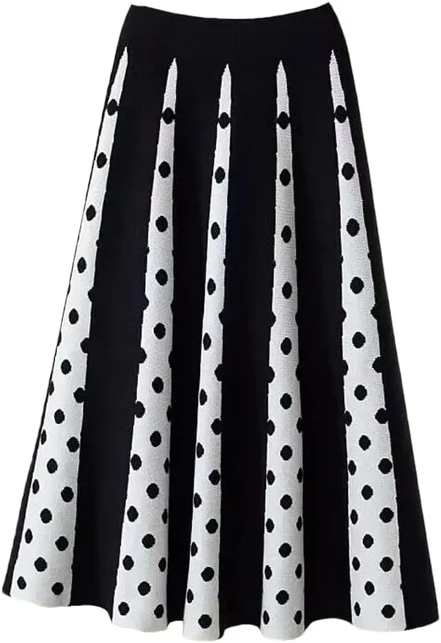 Hdhdeueh Women Polka Dot Knitted Midi Skirts A-Line Elegant Pleated Skirt