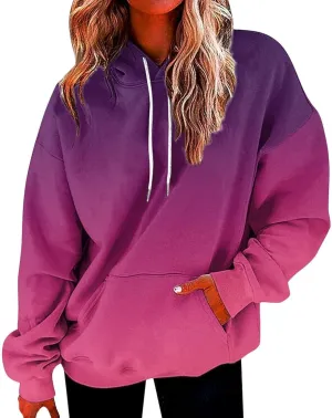 Hoodies For Women Gradient Long Sleeve Oversized Sweatshirts Loose Fit Drawstring Trendy Pullover Tops with Pocket 2024