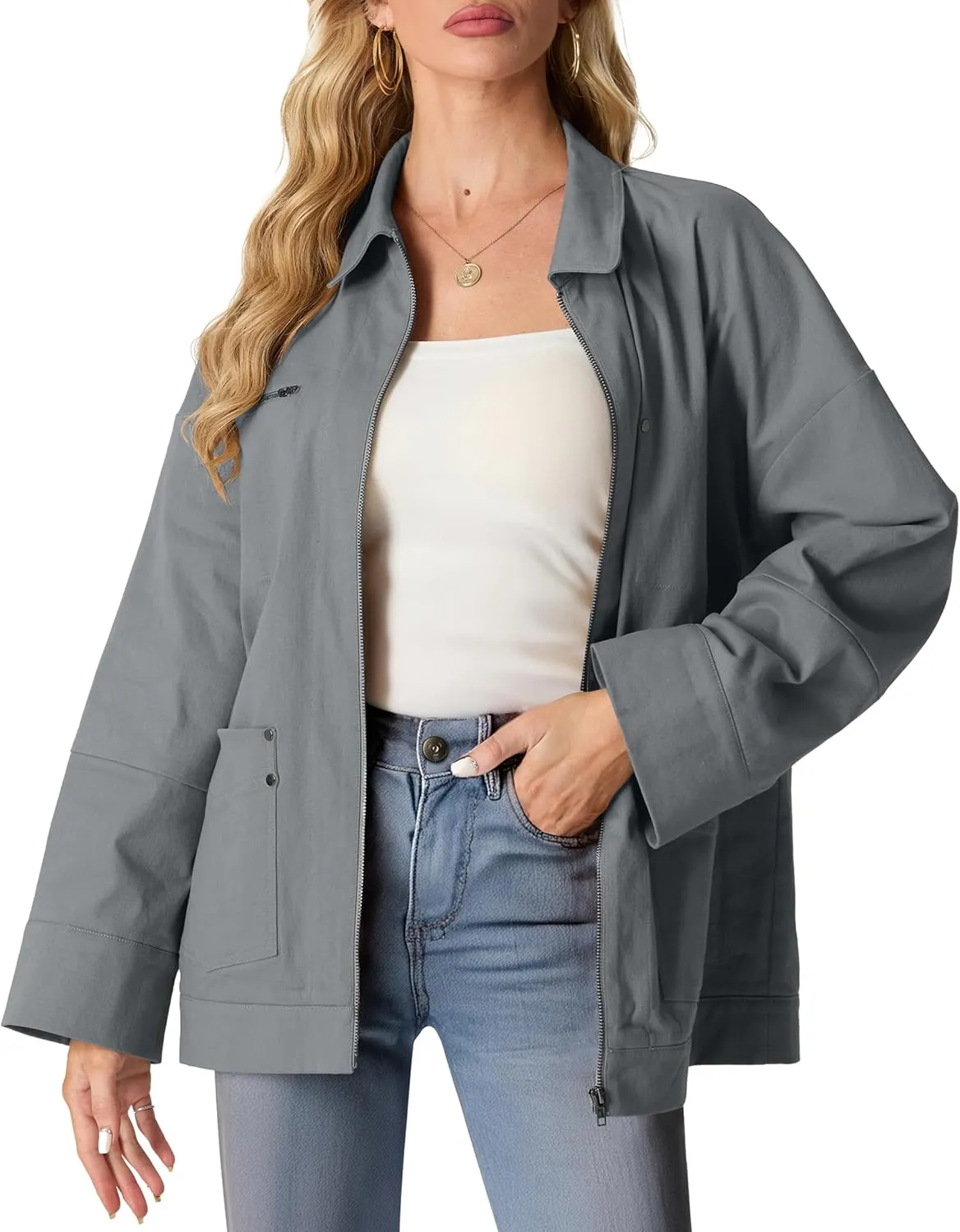 Lepunuo Women's Oversized Casual Jackets Zip Up Long Sleeve Military Utility Anorak Coat Fall Fashion 2024 Trendy Outwear