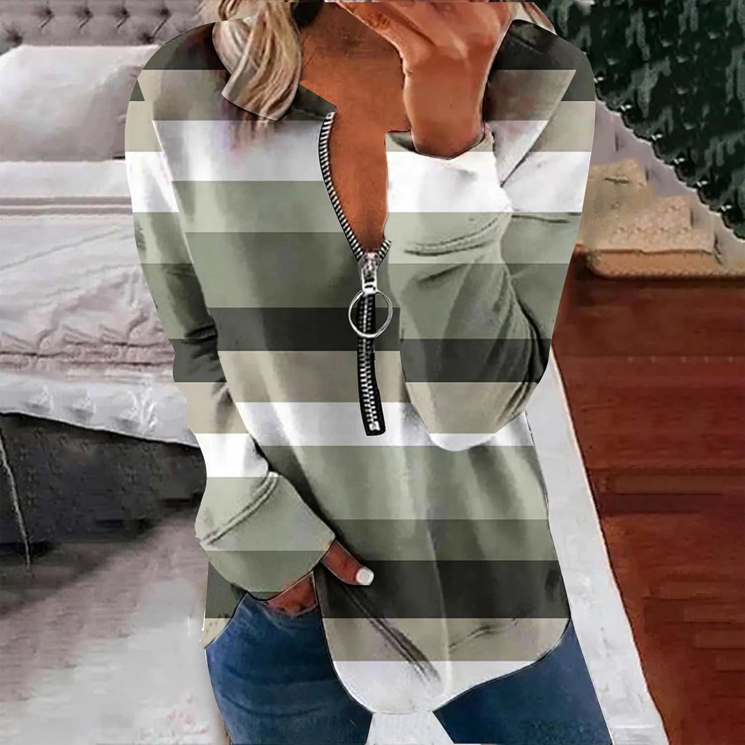 Lightweight Zip Up Hoodie For Women Trendy 2023 Fall Striped Print Tunic Tops Quarter Zip Casual Pullover Sweatshirt