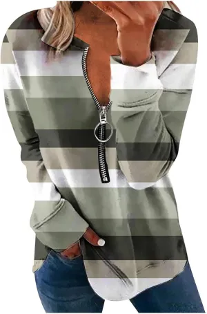 Lightweight Zip Up Hoodie For Women Trendy 2023 Fall Striped Print Tunic Tops Quarter Zip Casual Pullover Sweatshirt