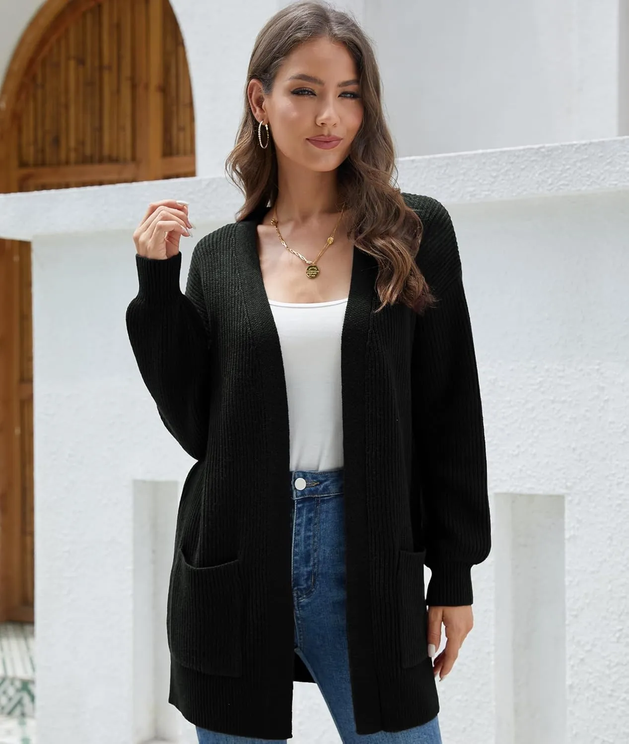 LILBETTER Women's Loose Open Front Cardigan Long Sleeve Casual Lightweight Soft Knit Sweaters Coat with Pockets