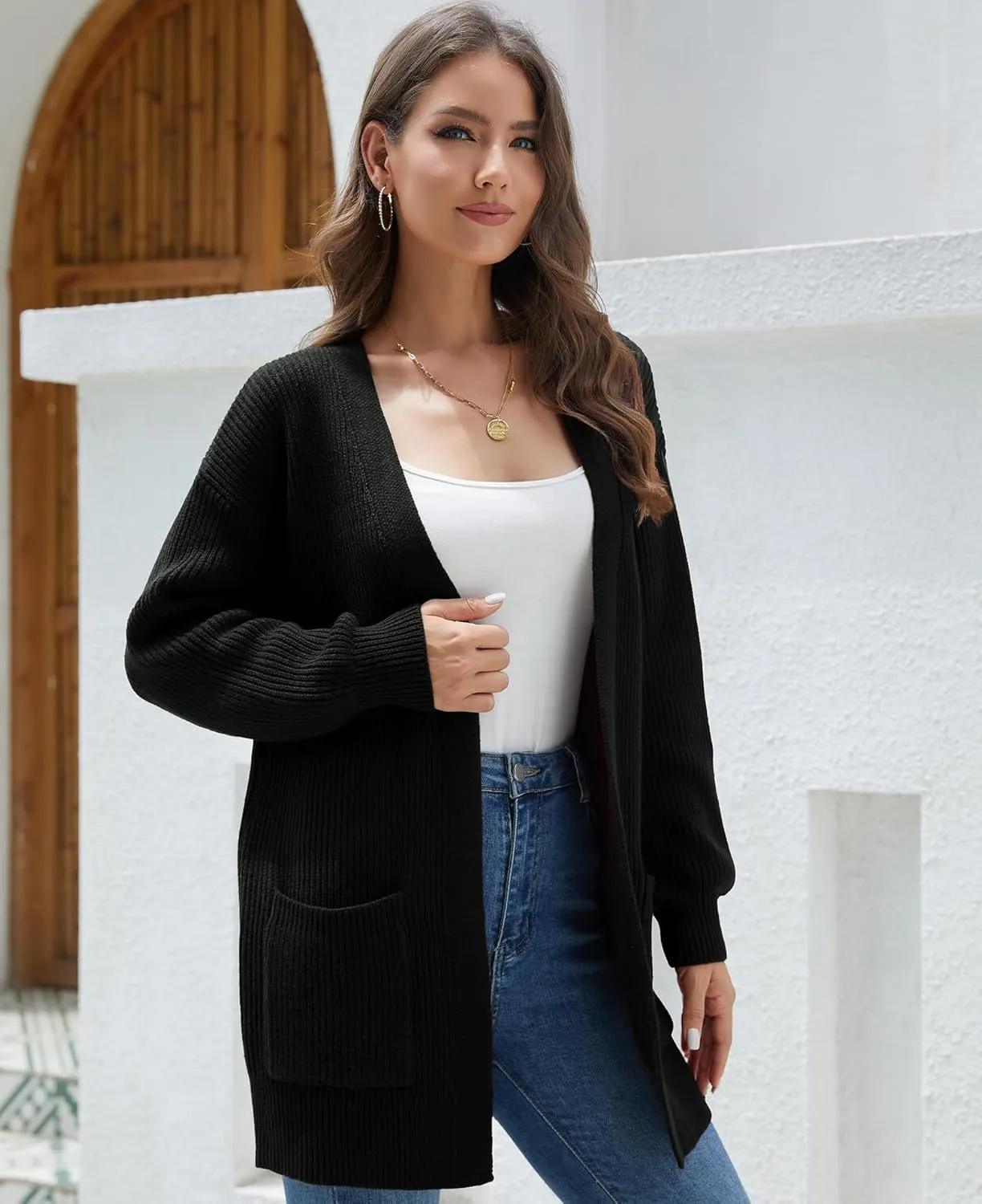 LILBETTER Women's Loose Open Front Cardigan Long Sleeve Casual Lightweight Soft Knit Sweaters Coat with Pockets