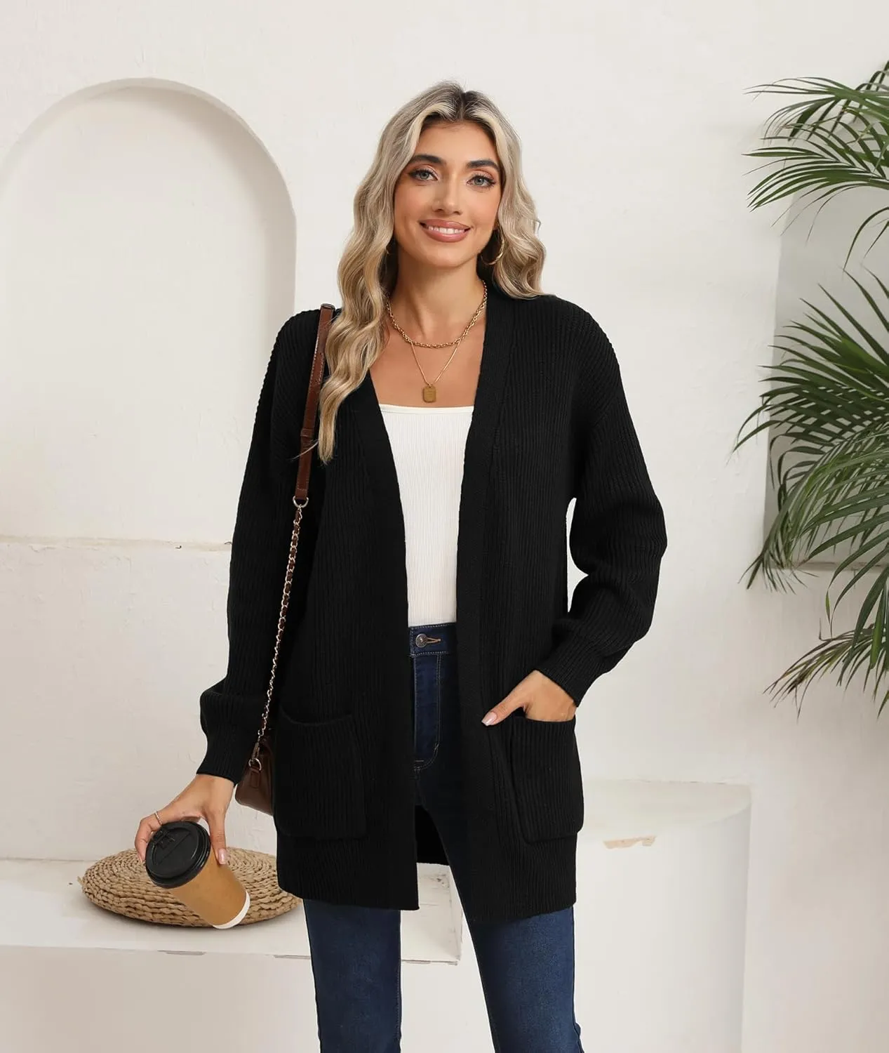 LILBETTER Women's Loose Open Front Cardigan Long Sleeve Casual Lightweight Soft Knit Sweaters Coat with Pockets