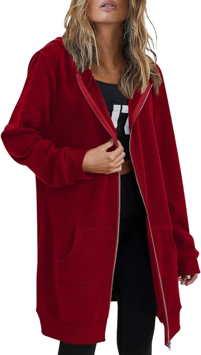 Long Hoodie for Women 2024 Casual Zip Up Drawstring Fleece Sweatshirt Oversized Jackets Coat Fall Clothes
