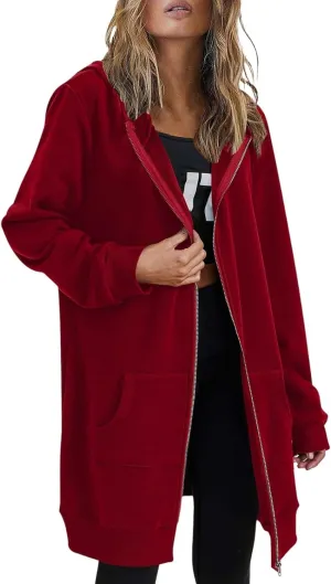 Long Hoodie for Women 2024 Casual Zip Up Drawstring Fleece Sweatshirt Oversized Jackets Coat Fall Clothes
