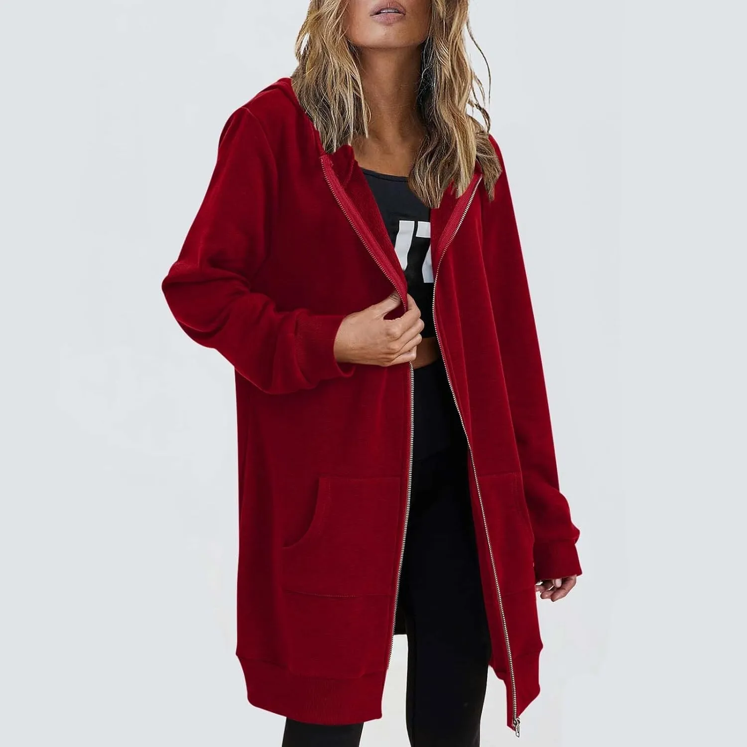 Long Hoodie for Women 2024 Casual Zip Up Drawstring Fleece Sweatshirt Oversized Jackets Coat Fall Clothes