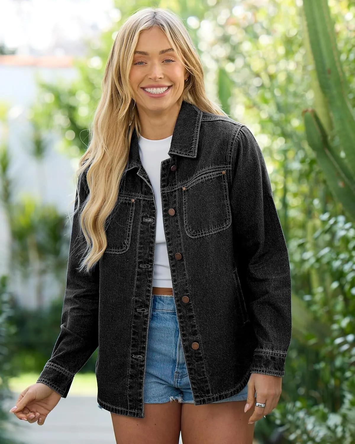 luvamia Denim Jackets for Women Trendy Long Sleeve Button Down Shirt Jacket Jean Shacket with Pocket Western Work Jacket