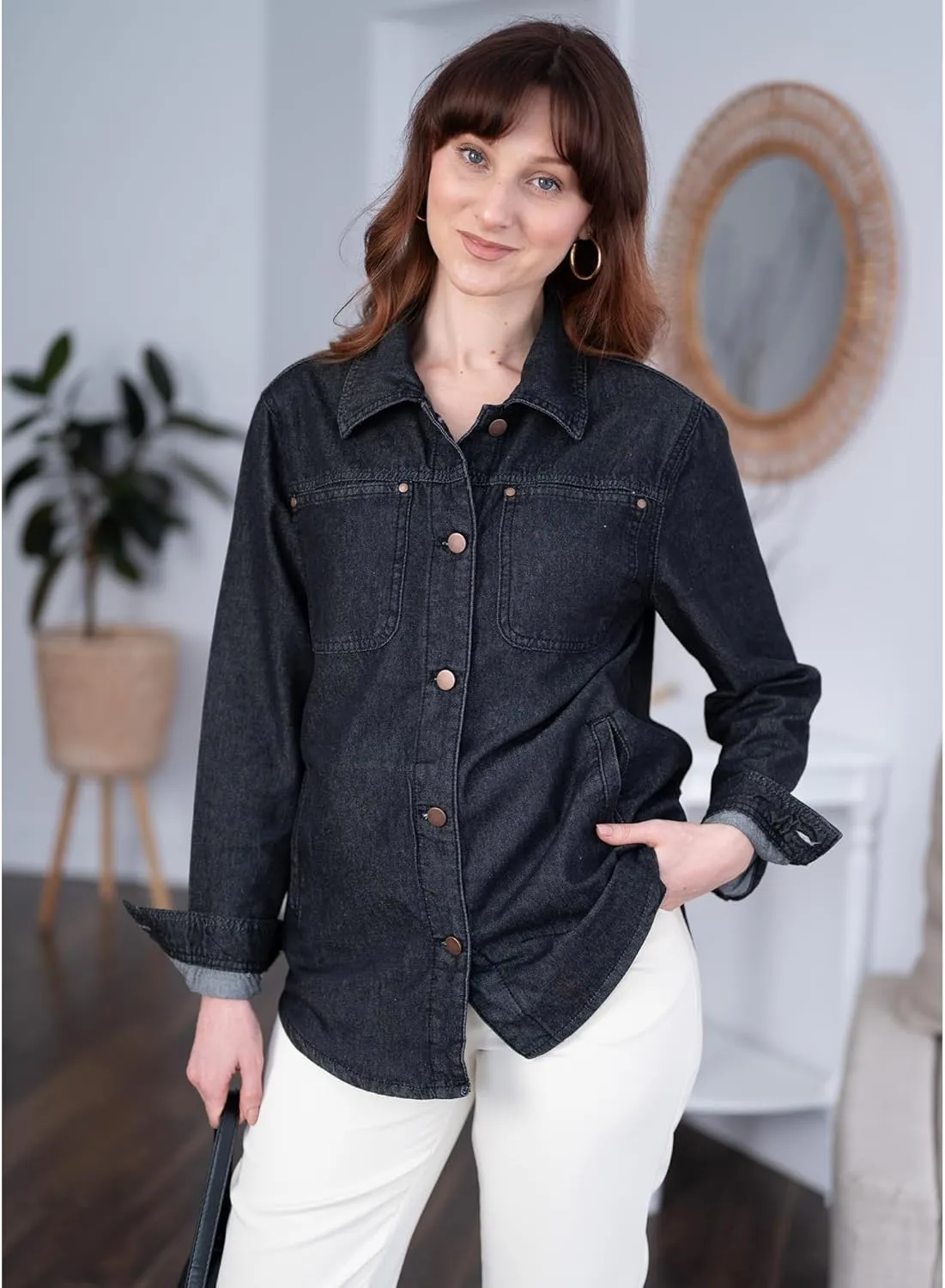 luvamia Denim Jackets for Women Trendy Long Sleeve Button Down Shirt Jacket Jean Shacket with Pocket Western Work Jacket