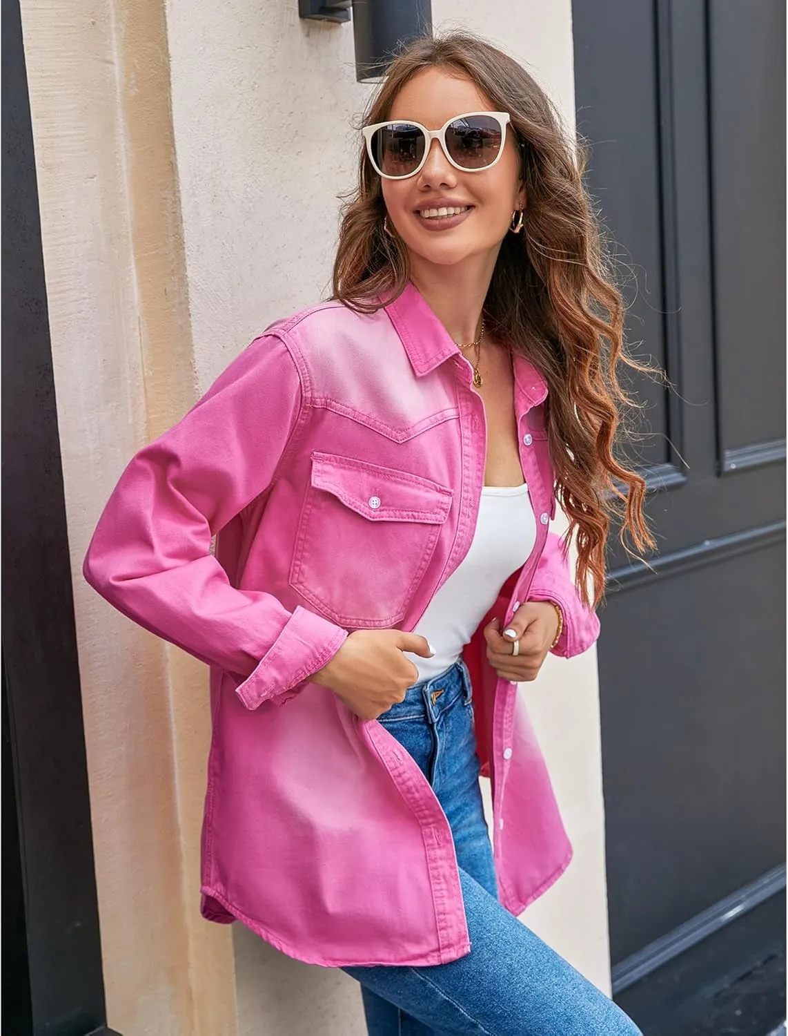luvamia Long Denim Jacket for Women Lightweight Trendy Jean Button Down Shirts Jackets Oversized Shackets with Pockets
