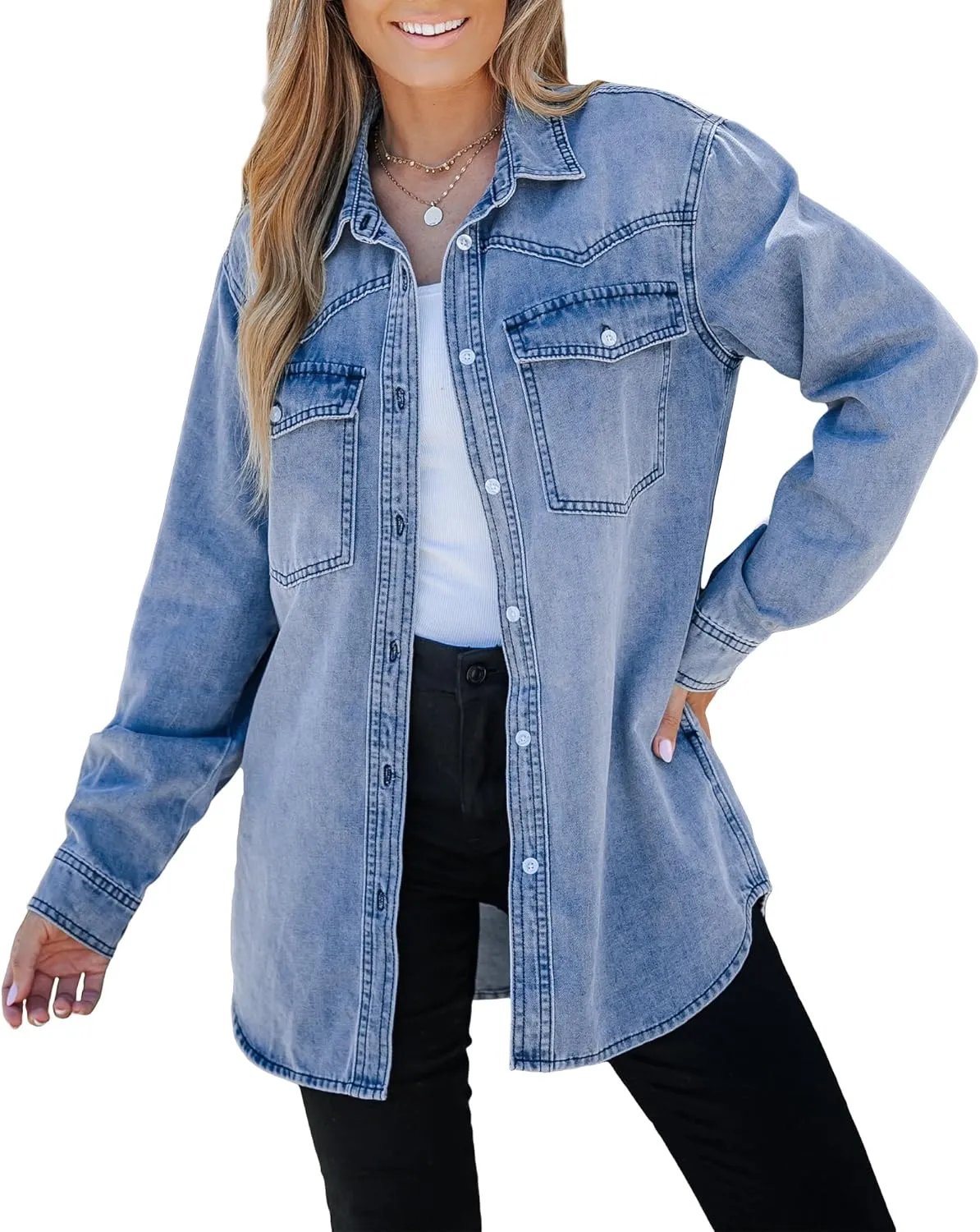 luvamia Long Denim Jacket for Women Lightweight Trendy Jean Button Down Shirts Jackets Oversized Shackets with Pockets
