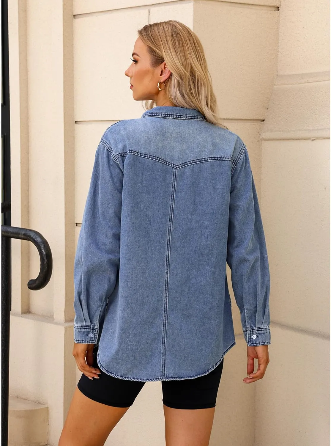 luvamia Long Denim Jacket for Women Lightweight Trendy Jean Button Down Shirts Jackets Oversized Shackets with Pockets