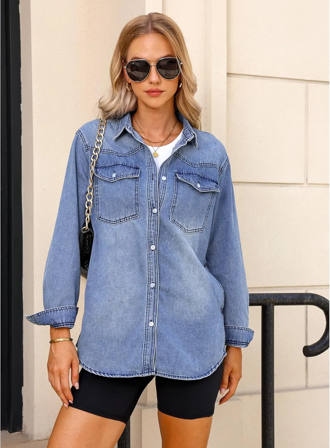 luvamia Long Denim Jacket for Women Lightweight Trendy Jean Button Down Shirts Jackets Oversized Shackets with Pockets