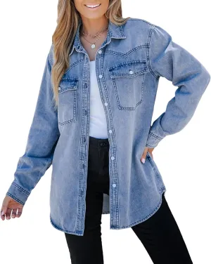 luvamia Long Denim Jacket for Women Lightweight Trendy Jean Button Down Shirts Jackets Oversized Shackets with Pockets