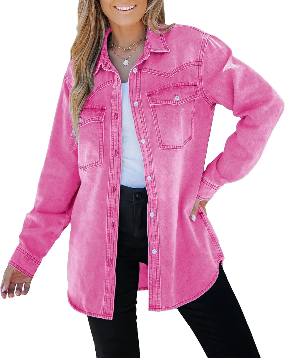 luvamia Long Denim Jacket for Women Lightweight Trendy Jean Button Down Shirts Jackets Oversized Shackets with Pockets