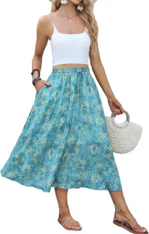 Maxi Skirts for Women with Pockets Long Midi Length Casual Skirt for Beach Party Holiday Blue Gold