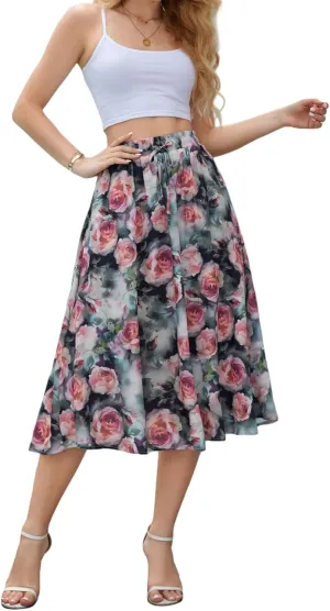 Maxi Skirts for Women with Pockets Long Midi Length Casual Skirt for Beach Party Holiday Pink Rose