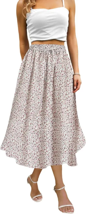 Maxi Skirts for Women with Pockets Long Midi Length Casual Skirt for Beach Party Holiday White Floral