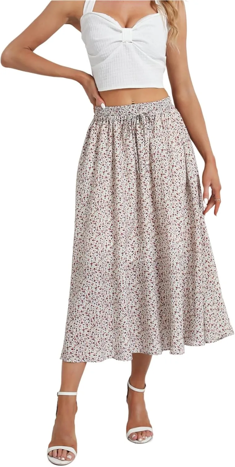 Maxi Skirts for Women with Pockets Long Midi Length Casual Skirt for Beach Party Holiday White Floral
