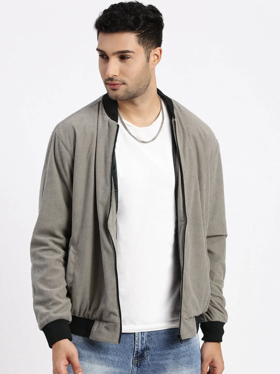 Men Grey Mandarin Collar Bomber Jacket