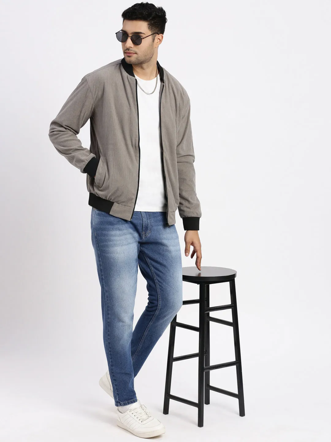 Men Grey Mandarin Collar Bomber Jacket