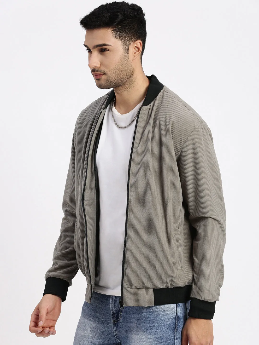 Men Grey Mandarin Collar Bomber Jacket
