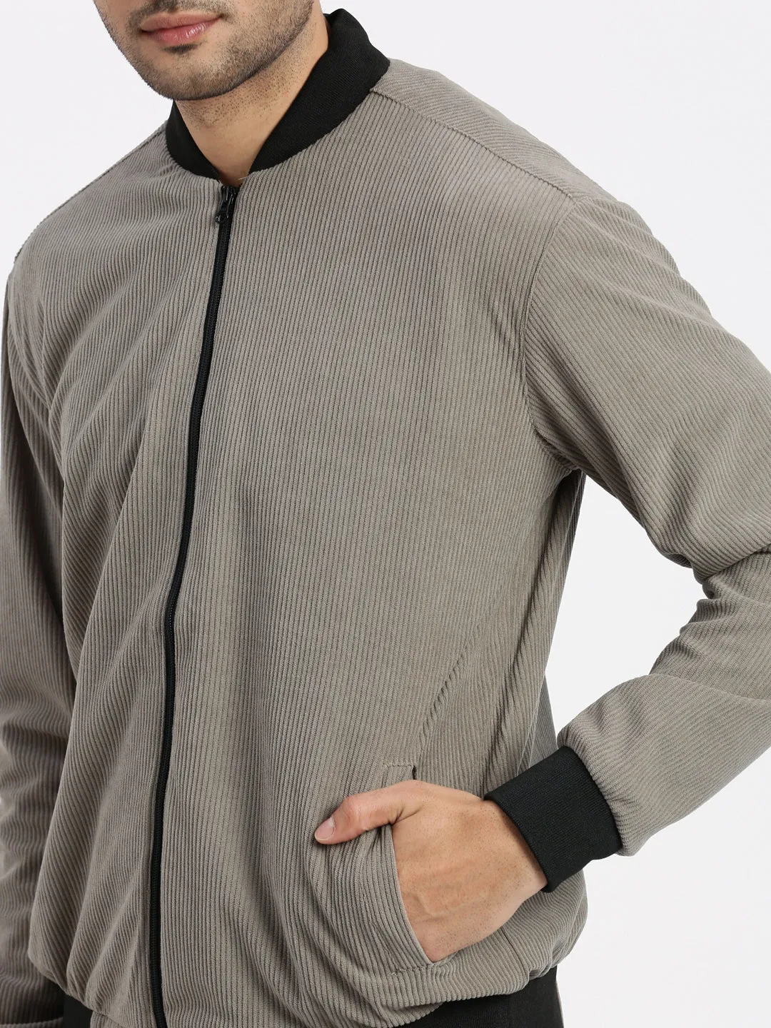 Men Grey Mandarin Collar Bomber Jacket