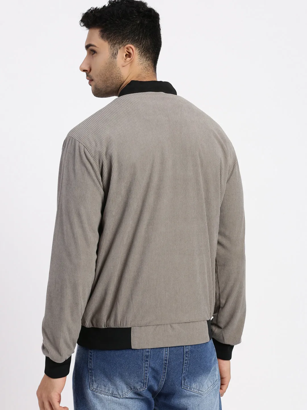 Men Grey Mandarin Collar Bomber Jacket