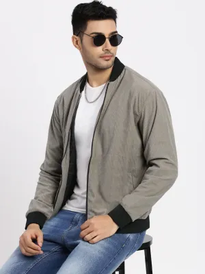 Men Grey Mandarin Collar Bomber Jacket