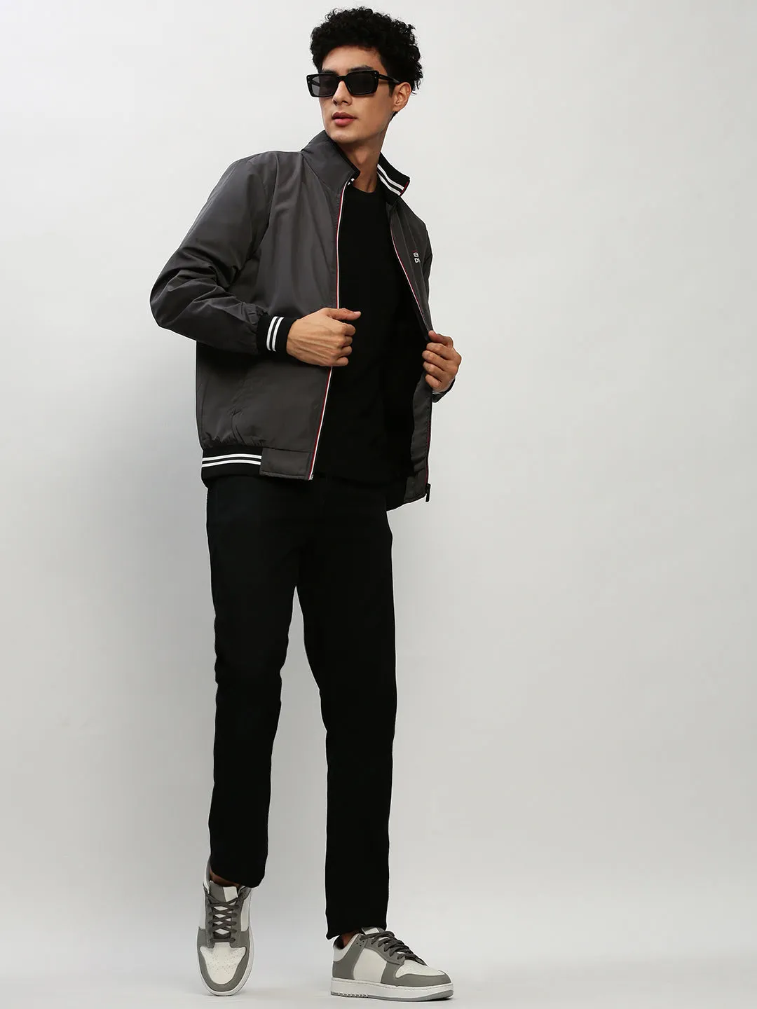 Men Grey Mock Collar Bomber Jacket