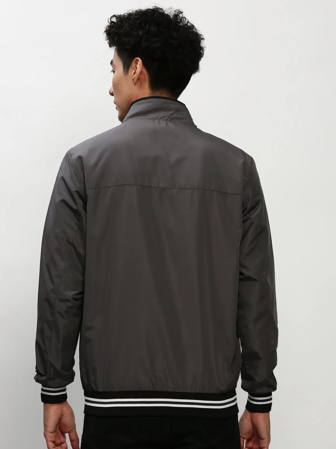 Men Grey Mock Collar Bomber Jacket