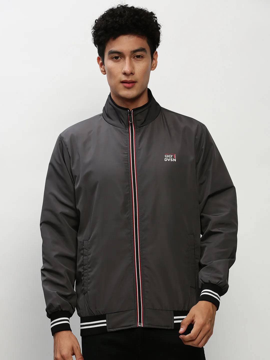 Men Grey Mock Collar Bomber Jacket