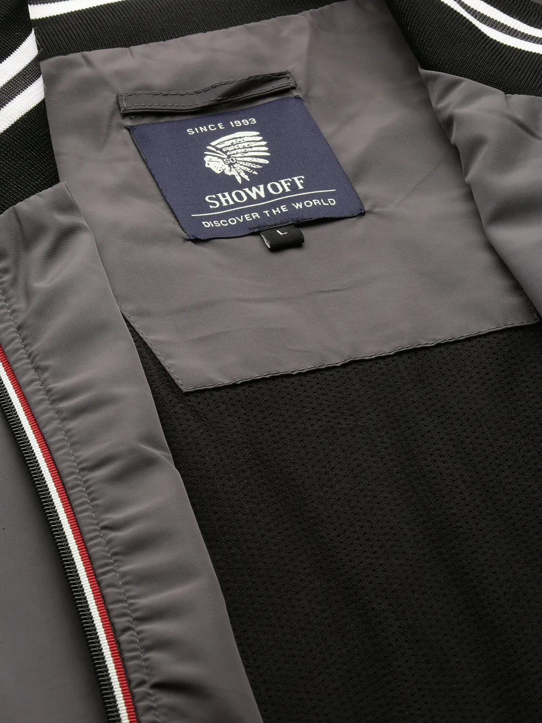 Men Grey Mock Collar Bomber Jacket