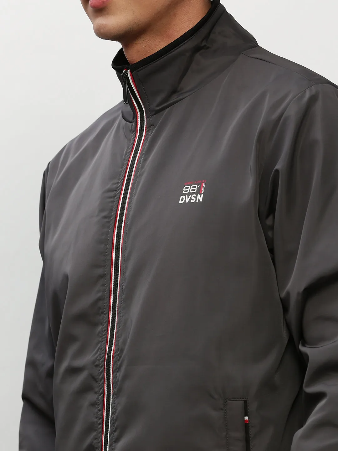 Men Grey Mock Collar Bomber Jacket