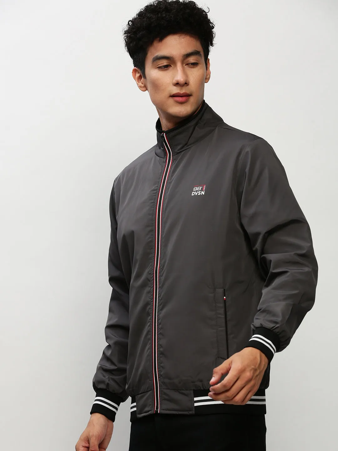 Men Grey Mock Collar Bomber Jacket