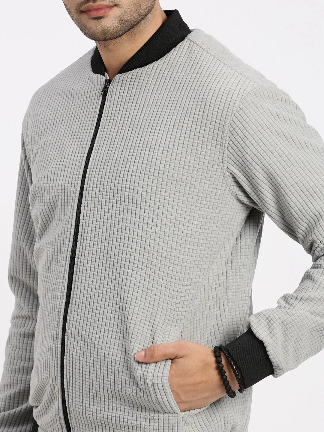 Men Grey Solid Bomber Casual Jacket
