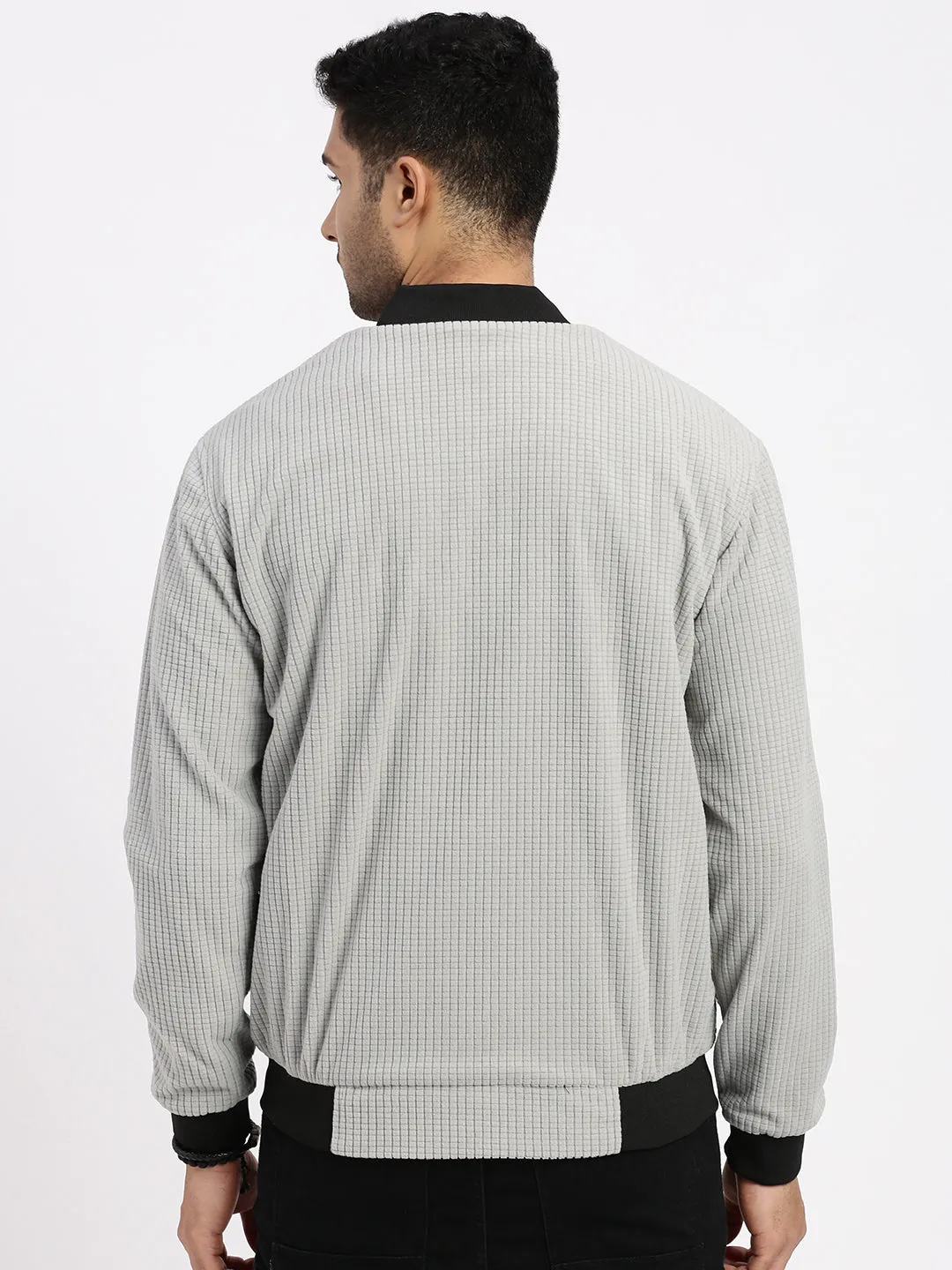 Men Grey Solid Bomber Casual Jacket