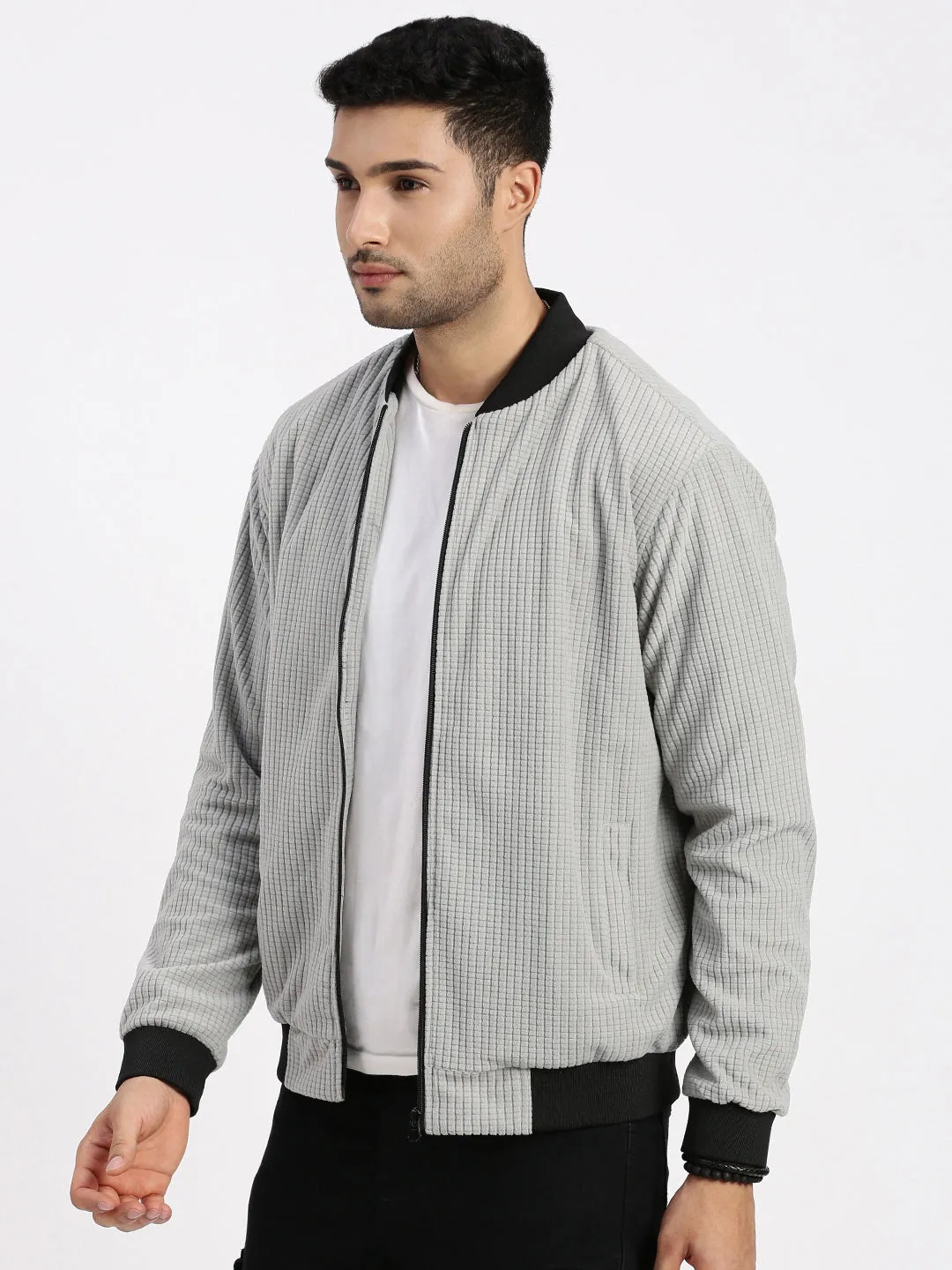 Men Grey Solid Bomber Casual Jacket