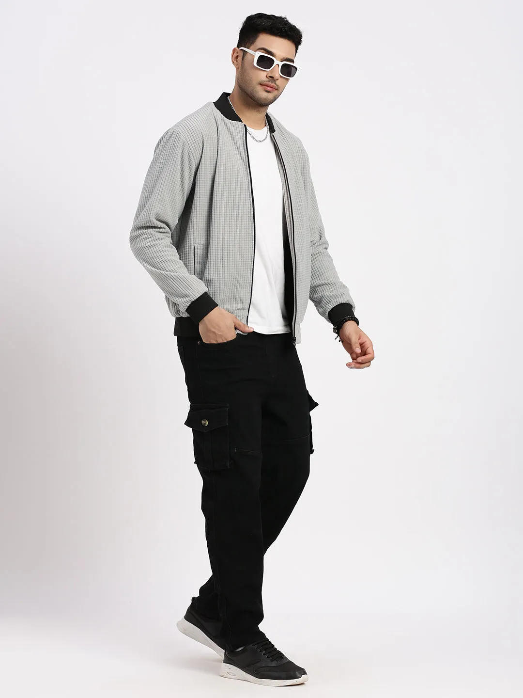 Men Grey Solid Bomber Casual Jacket