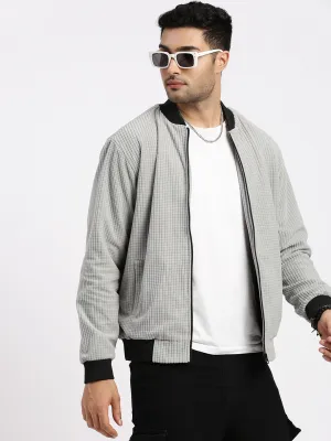 Men Grey Solid Bomber Casual Jacket